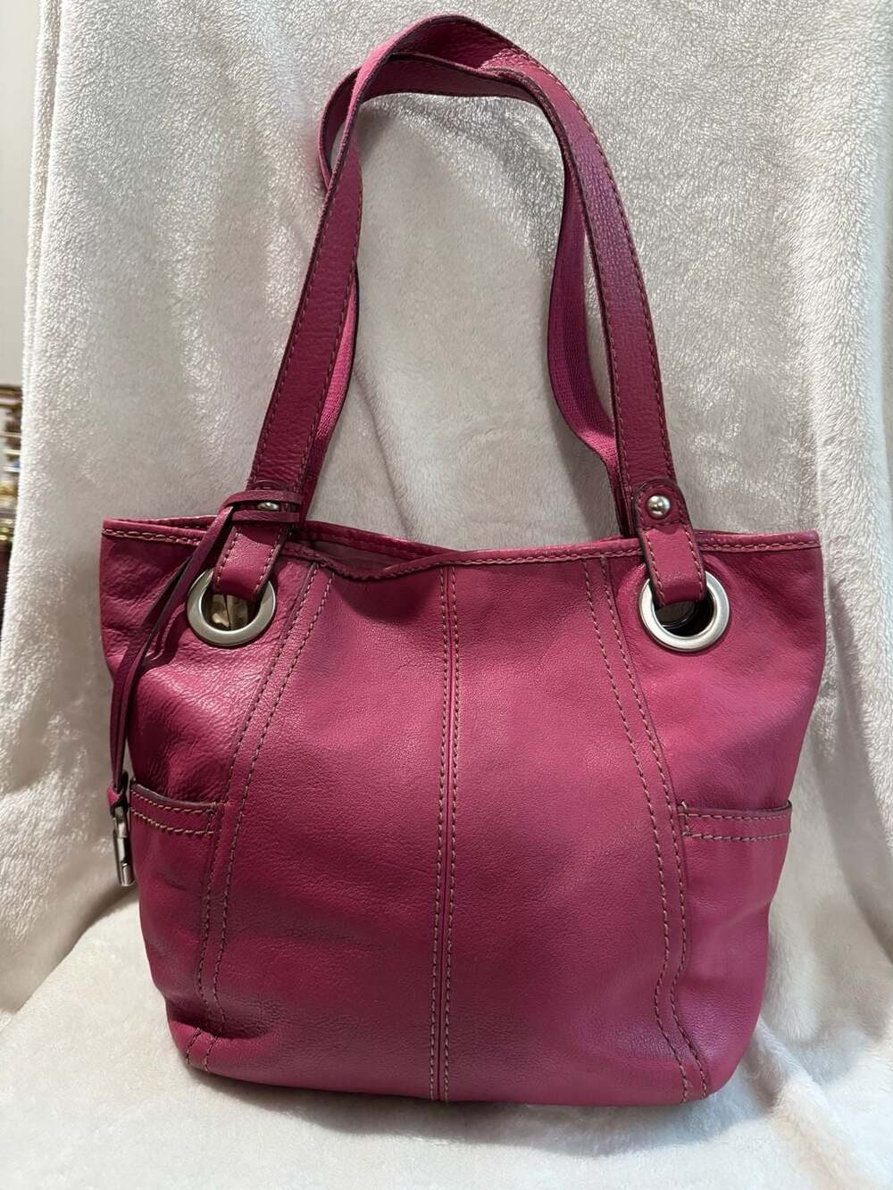 Fossil Pink Leather Tote Shoulder Bag Purse with Key Charm